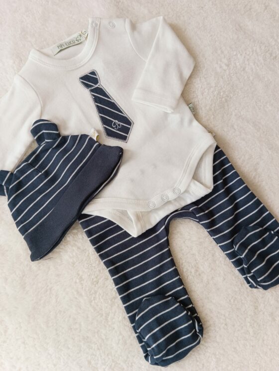 Conjunto de algodón, pelele + body + gorro - Corbatita a rayas