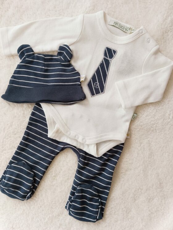 Conjunto de algodón, pelele + body + gorro - Corbatita a rayas - Imagen 3