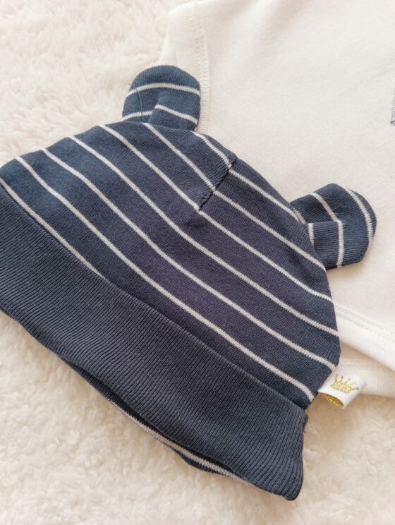 Conjunto de algodón, pelele + body + gorro - Corbatita a rayas - Imagen 4