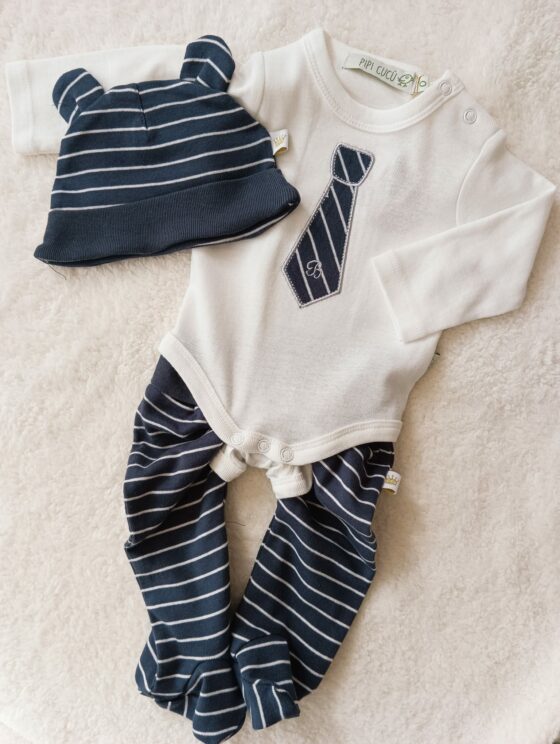 Conjunto de algodón, pelele + body + gorro - Corbatita a rayas - Imagen 6