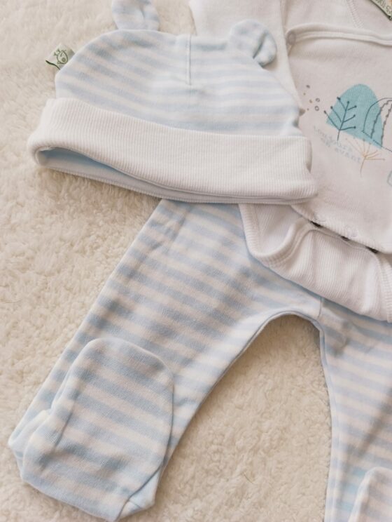 Conjunto de algodón, pelele + body + gorro - Celeste a rayas - Imagen 5