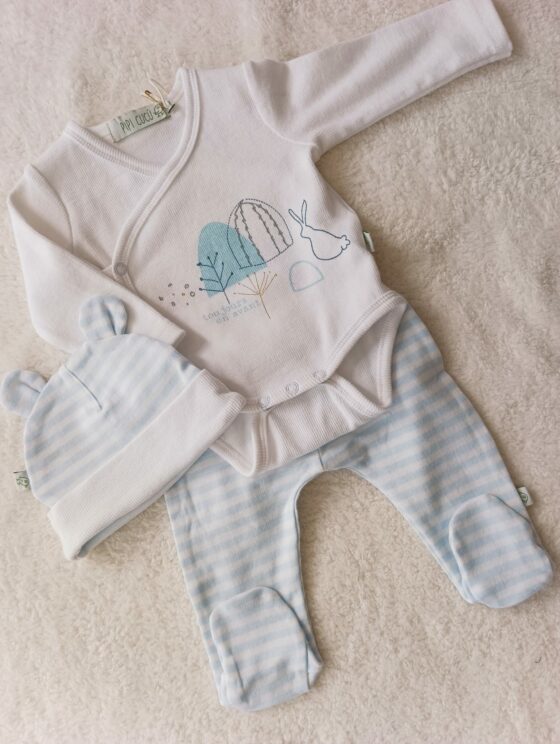 Conjunto de algodón, pelele + body + gorro - Celeste a rayas - Imagen 6