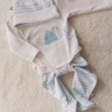 Conjunto de algodón, pelele + body + gorro - Celeste a rayas