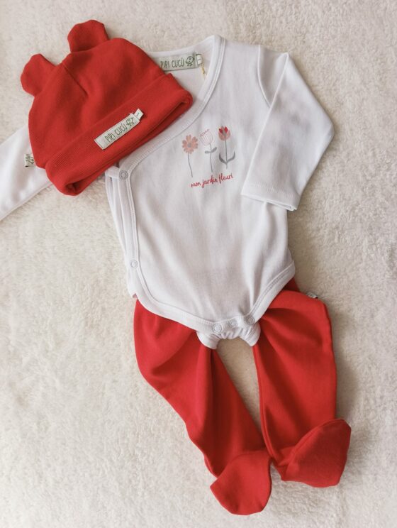 Conjunto de algodón, pelele + body + gorro - Florcitas - Imagen 2