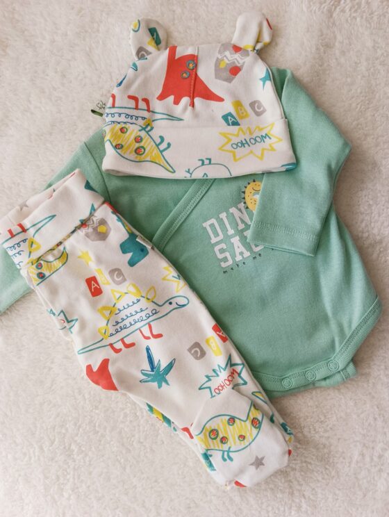 Conjunto de algodón, pelele + body + gorro - Dinosaurios