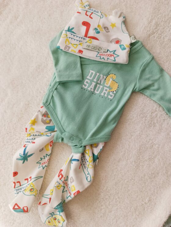 Conjunto de algodón, pelele + body + gorro - Dinosaurios - Imagen 7